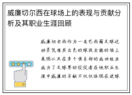 威廉切尔西在球场上的表现与贡献分析及其职业生涯回顾